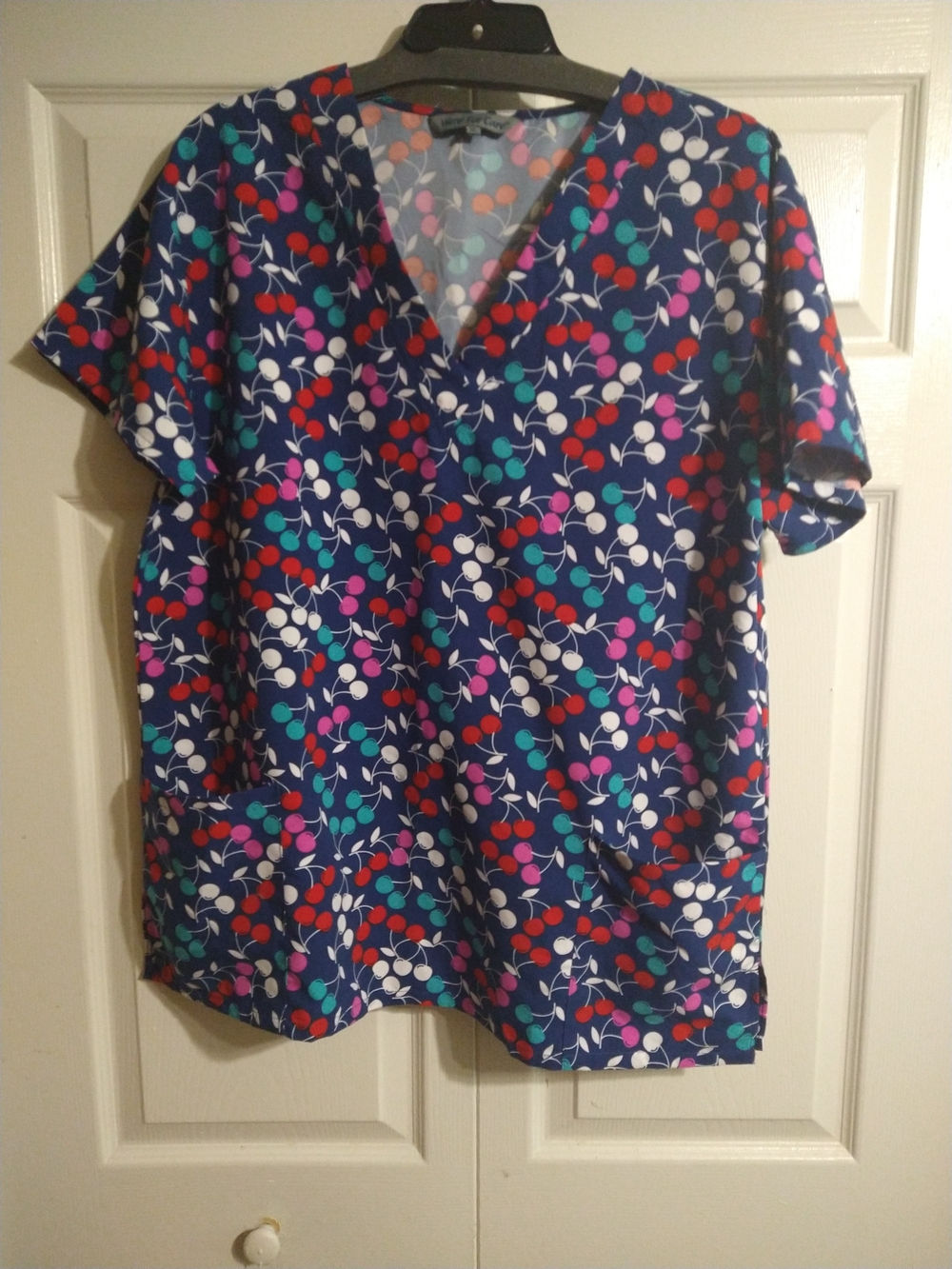 Womens Navy Floral V-Neck Scrub Top with Patch Pockets